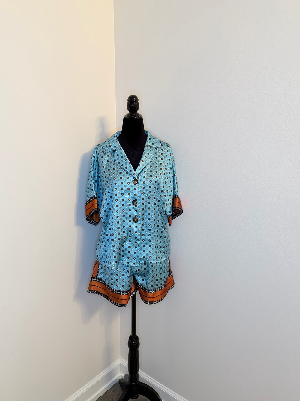 Light Blue Two-Piece Satin Pajama Set with Orange Trim